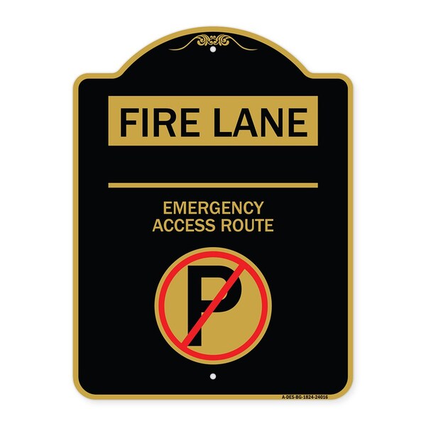 Signmission Fire Lane Emergency Access Route W/ No Parking, Black & Gold Aluminum Sign, 18" x 24", BG-1824-24016 A-DES-BG-1824-24016 - main